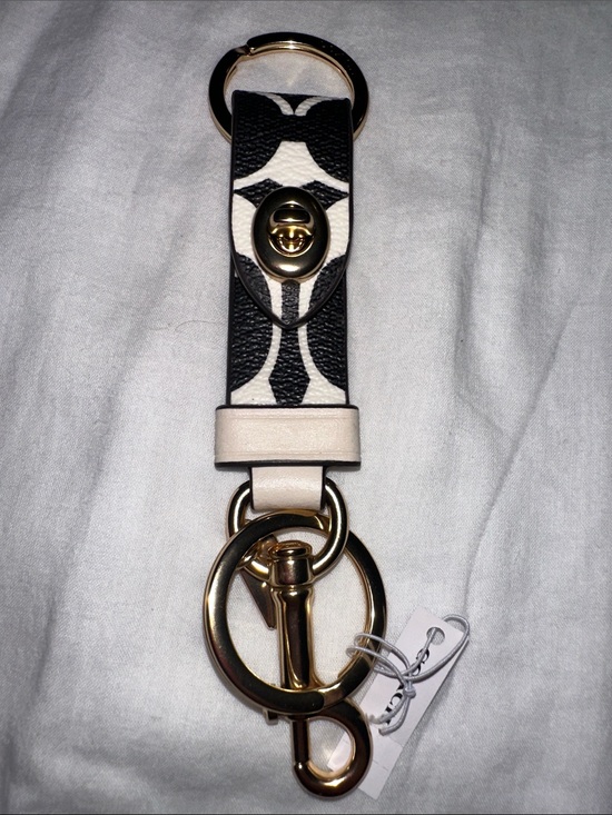 Coach Accessories - Coach Black & Chalk Signature Leather Keychain with Gold Hardware